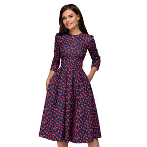 Women A-line Dress Vintage printing Three Quarter Sleeve women Autumn Dress