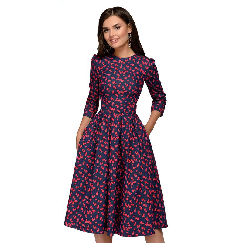 Women A-line Dress Vintage printing Three Quarter Sleeve women Autumn Dress