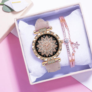 Fashion Leather Strap Watch Women Quartz Watch Romantic Starry