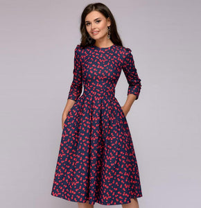 Women A-line Dress Vintage printing Three Quarter Sleeve women Autumn Dress