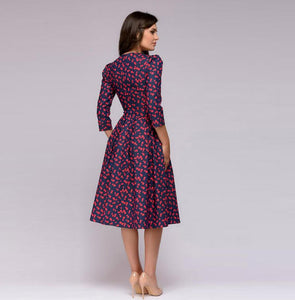 Women A-line Dress Vintage printing Three Quarter Sleeve women Autumn Dress