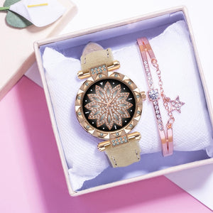 Fashion Leather Strap Watch Women Quartz Watch Romantic Starry