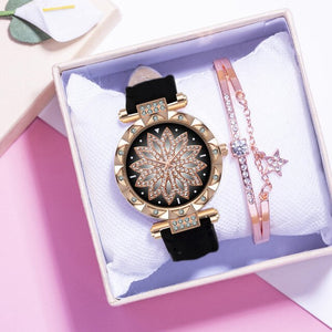 Fashion Leather Strap Watch Women Quartz Watch Romantic Starry