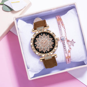 Fashion Leather Strap Watch Women Quartz Watch Romantic Starry